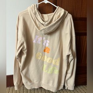 Custom “It’s a Good Life” Sweatshirt, Tan, Multi-Colored Letters, Size Large/XL